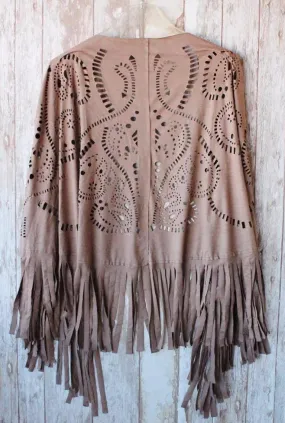 Poncho - capa boho de antelina sintética con flecos (Color marrón)