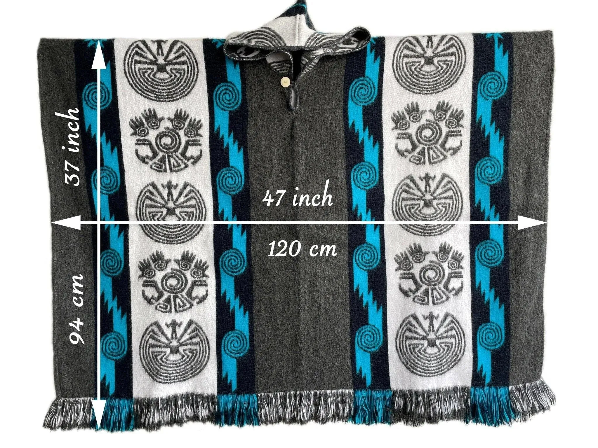 Poncho Hood Wool Grey Blue