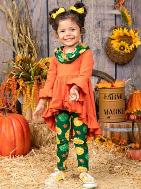 Pumpkin Season Hi-Lo Tunic, Leggings and Scarf Set