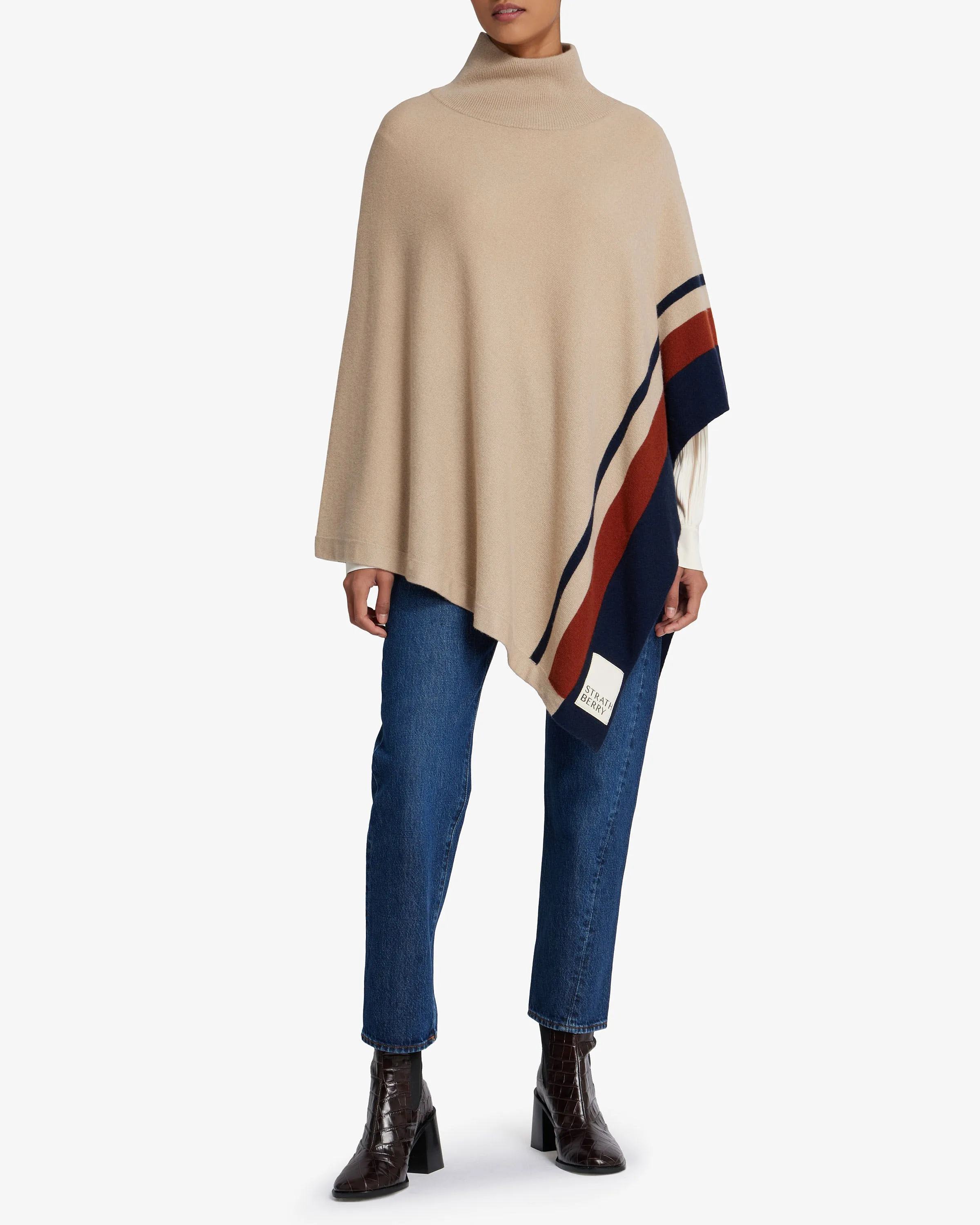 Pure Cashmere Asymmetric Poncho - Striped Camel/Spice/Navy