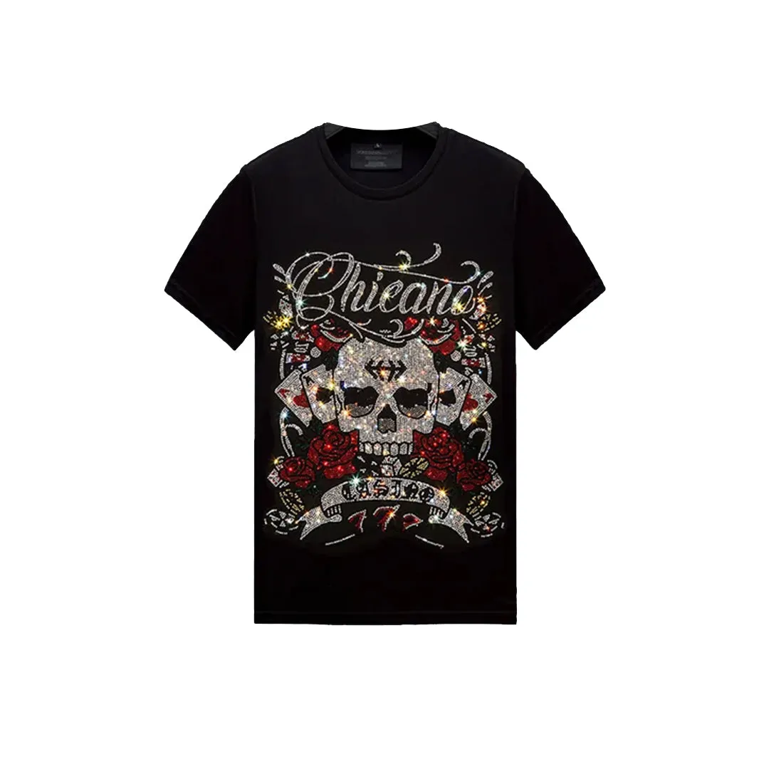 Rhinestone Skull With Rose Black T-shirt