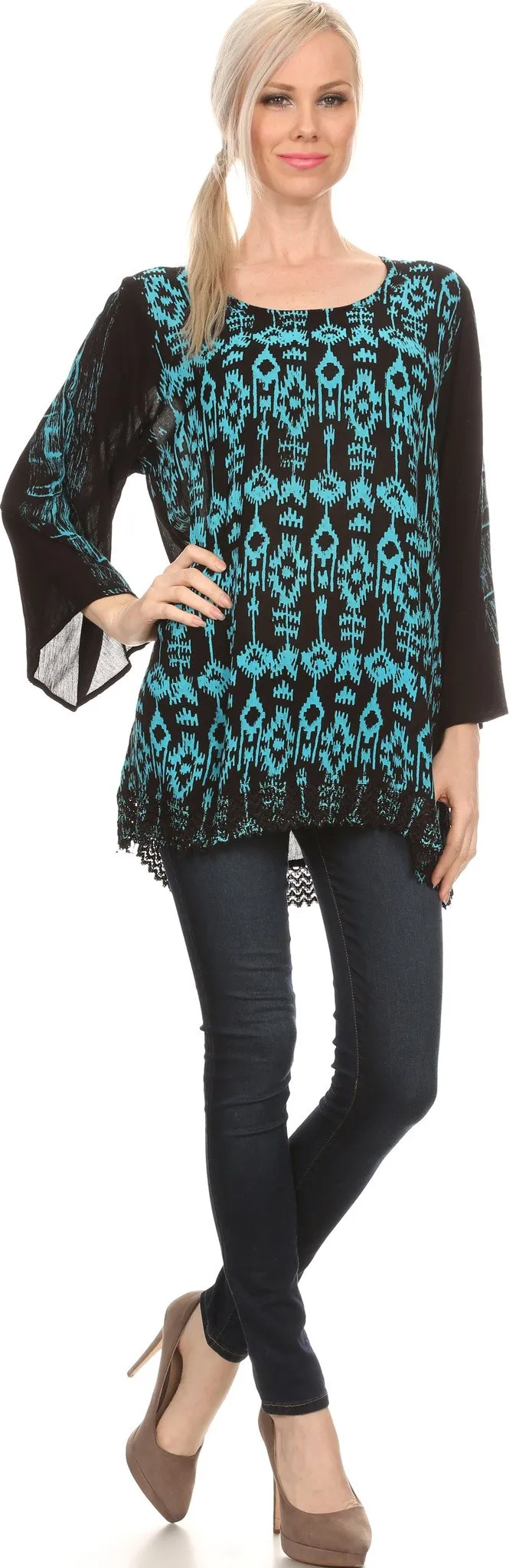 Sakkas Svetlana Scoop Neck Long Sleeve Aztec Print Crochet Hem Blouse Shirt Top