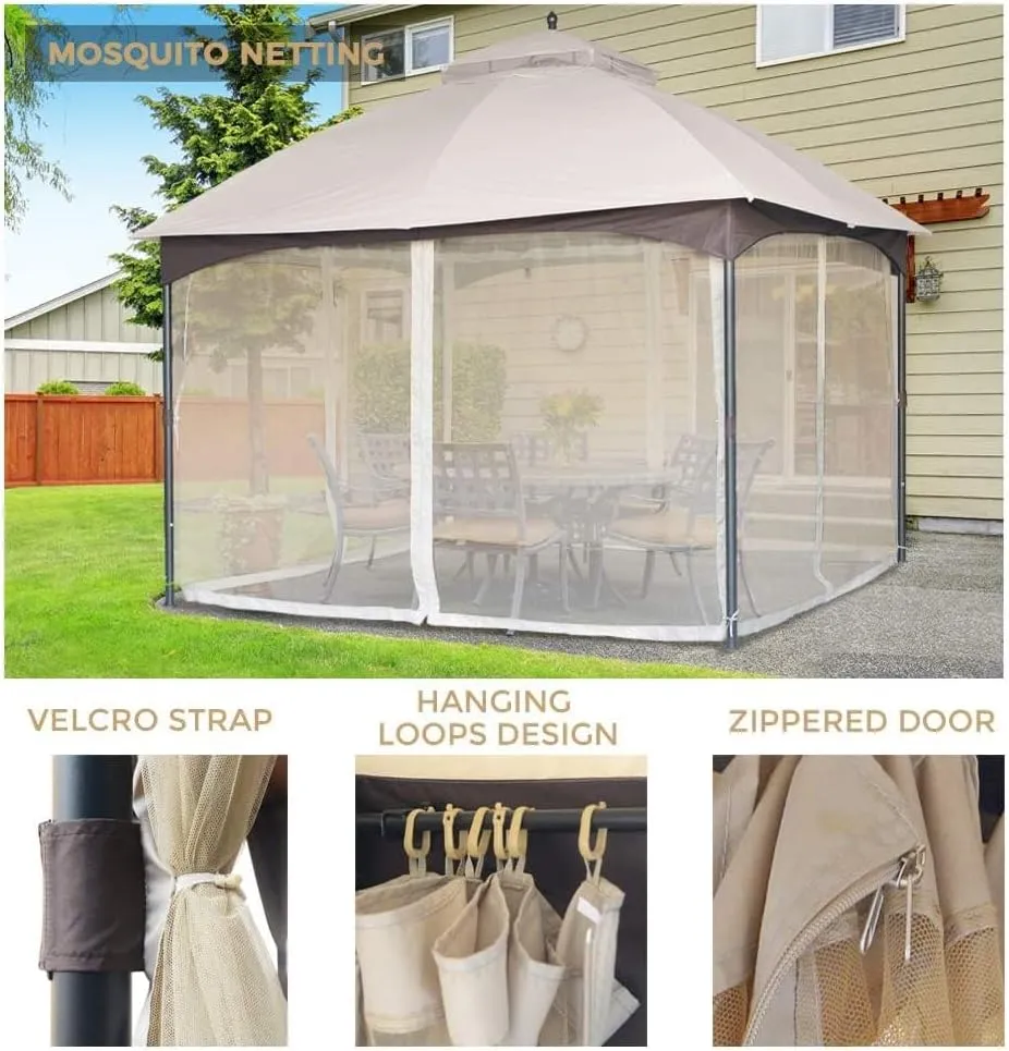 SANNWSG 10X12FT Softtop Metal Gazebo with Mosquito Net&Sunshade Curtains,Sturdy Heavy Duty Double Roof Canopy,Galvanized Steel Design Outdoor Tent,Suitable for Gardens,Patio,Backyard