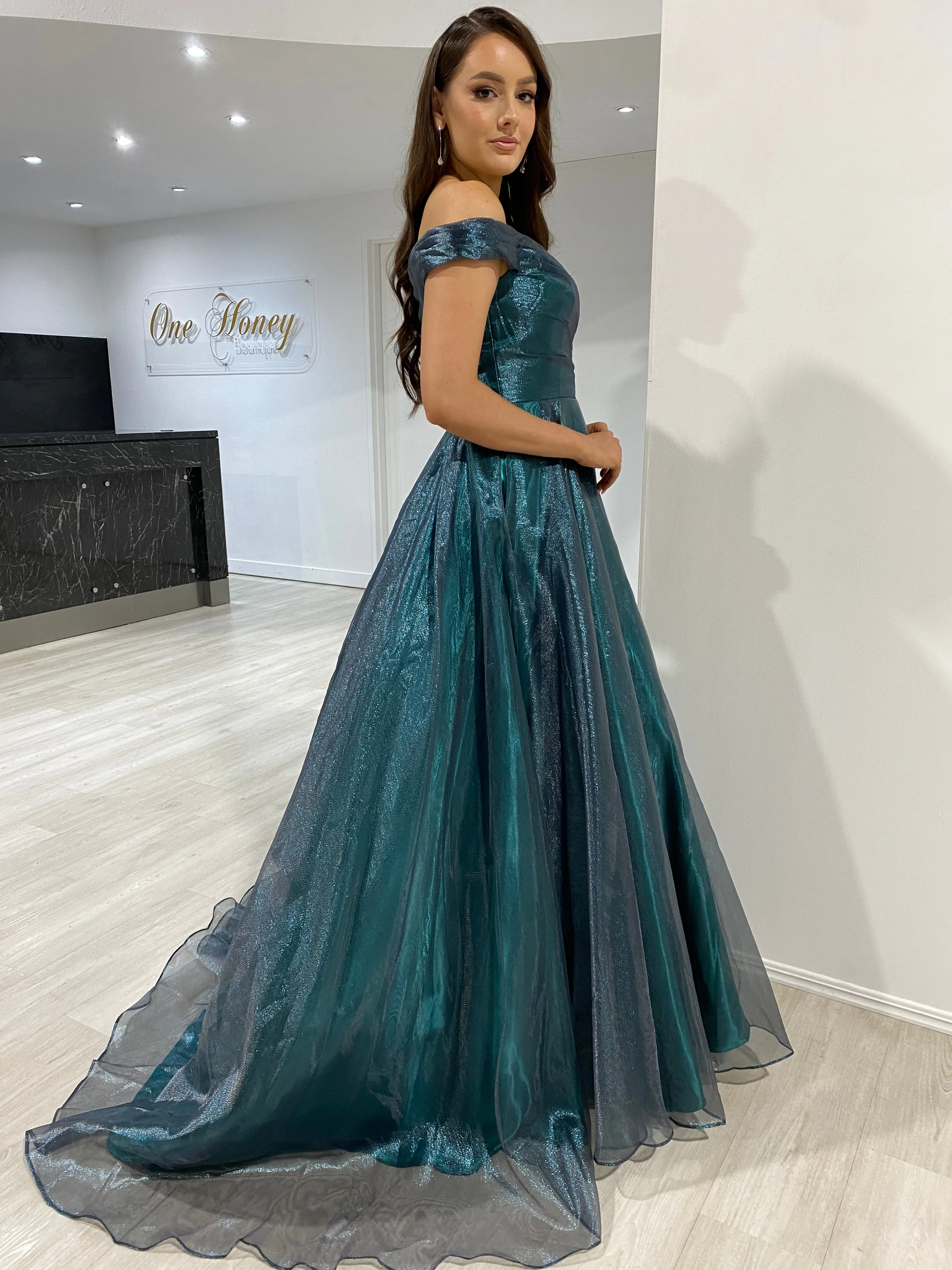 SARIA Off Shoulder Shimmer Ballgown Prom & Formal Dress