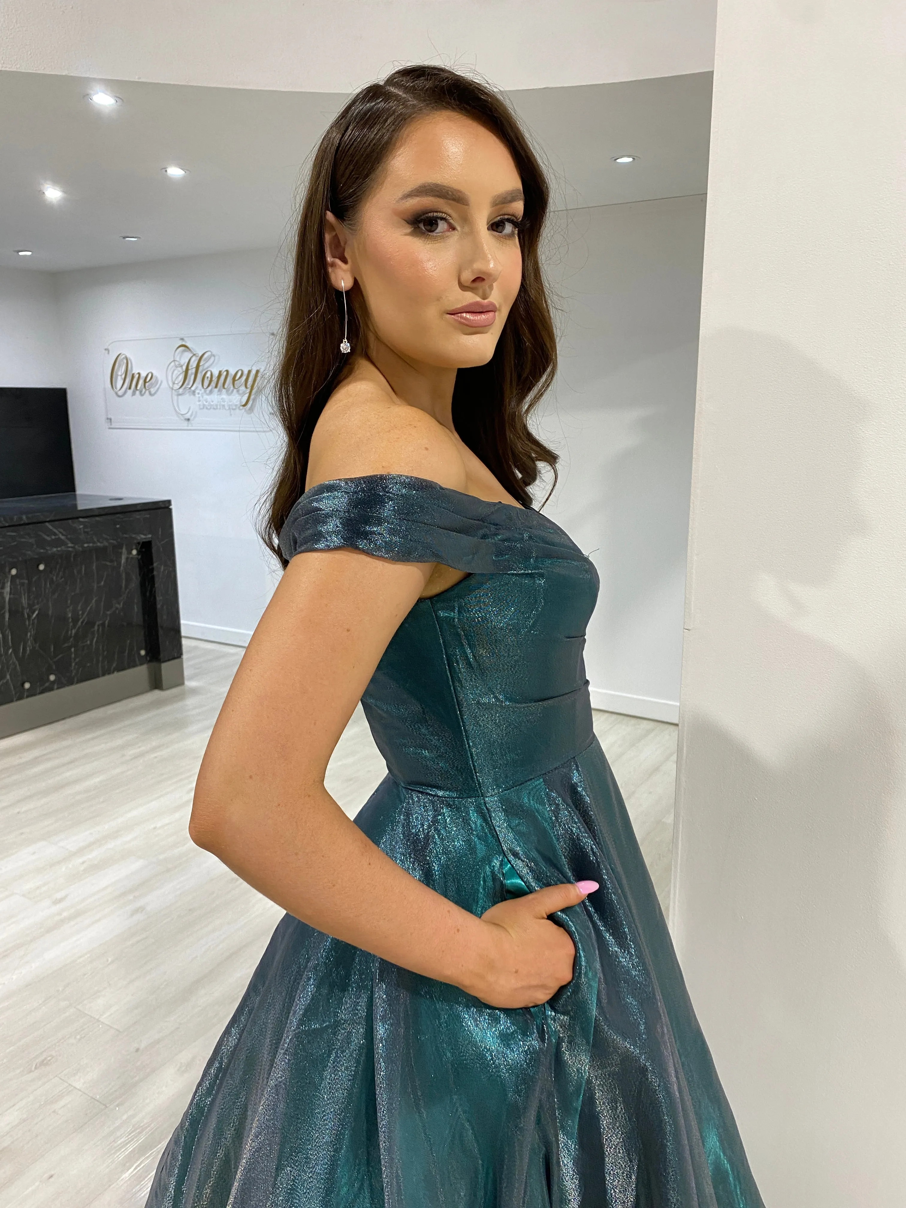 SARIA Off Shoulder Shimmer Ballgown Prom & Formal Dress