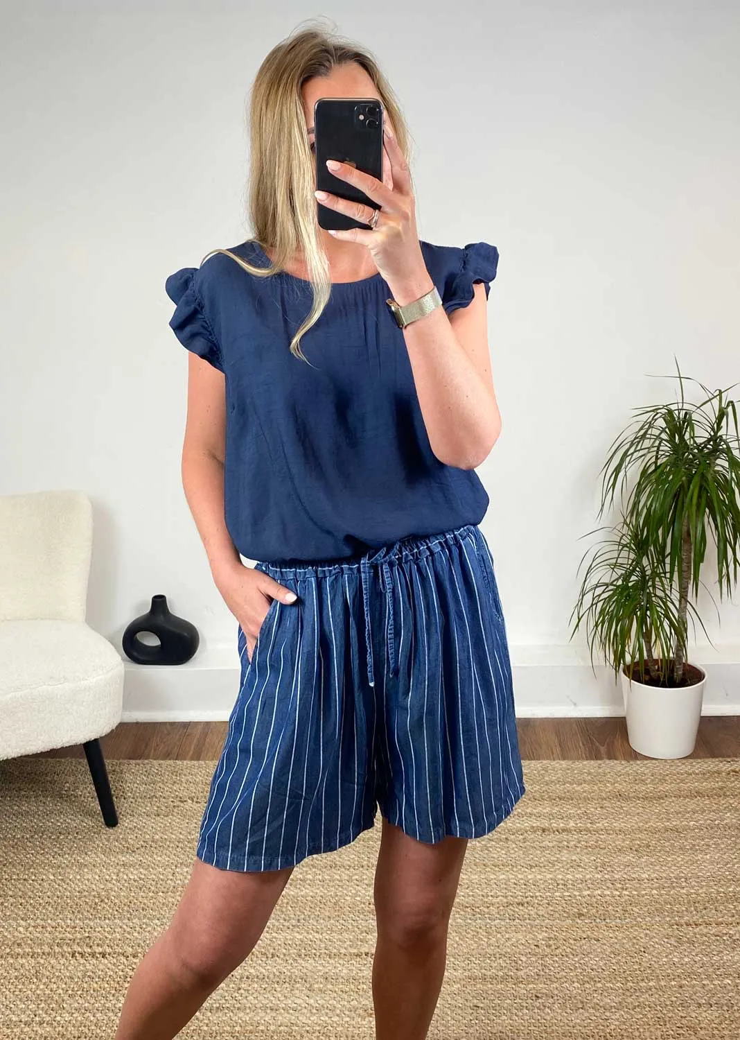 Sloane Chambray Stripe Shorts in Dark Indigo