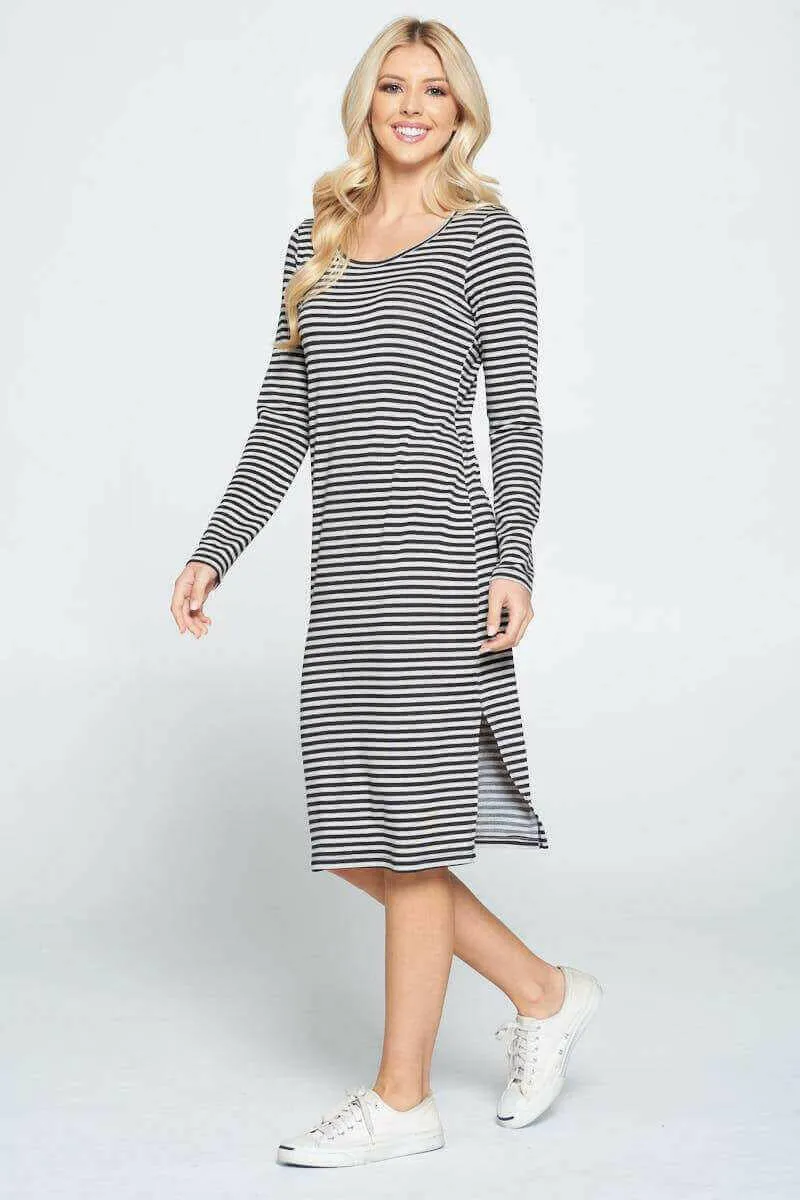 Striped Relaxed Bodycon Midi Dress with Slit