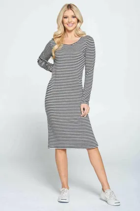 Striped Relaxed Bodycon Midi Dress with Slit