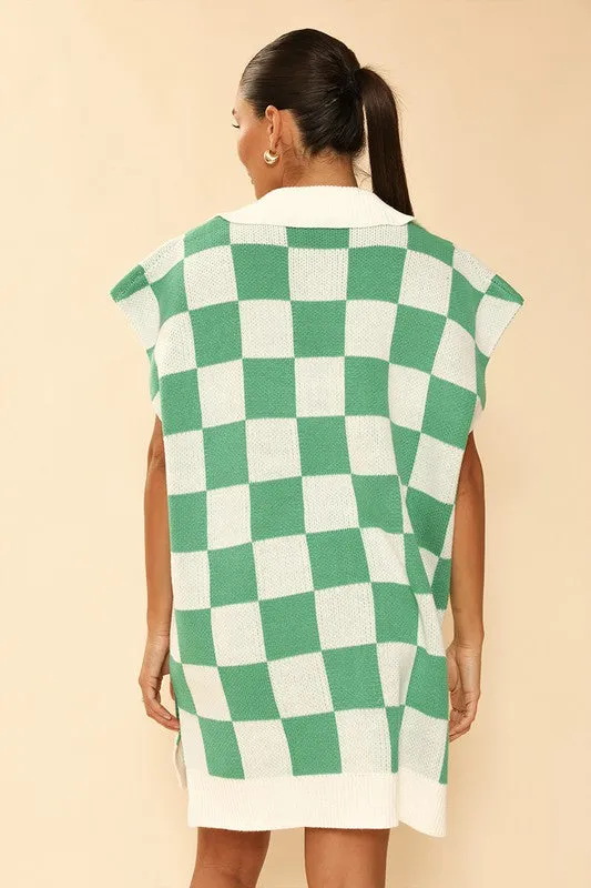 TEEK - Green Check Knit Poncho Dress