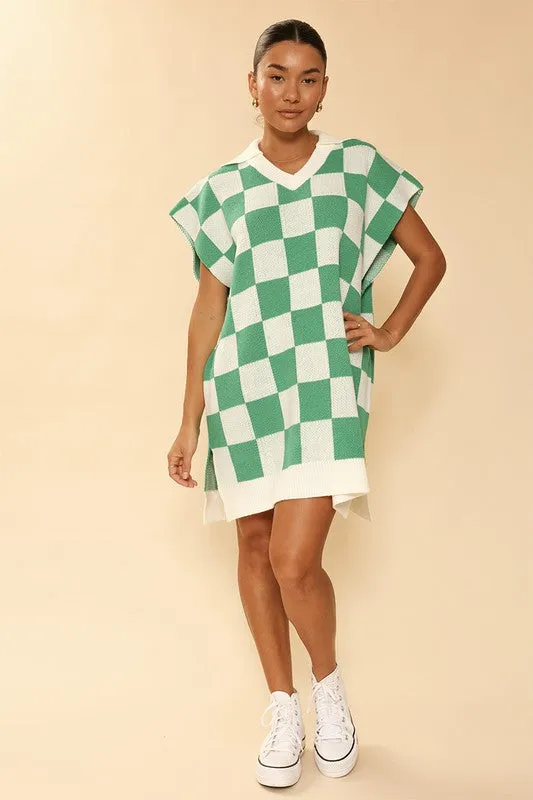 TEEK - Green Check Knit Poncho Dress