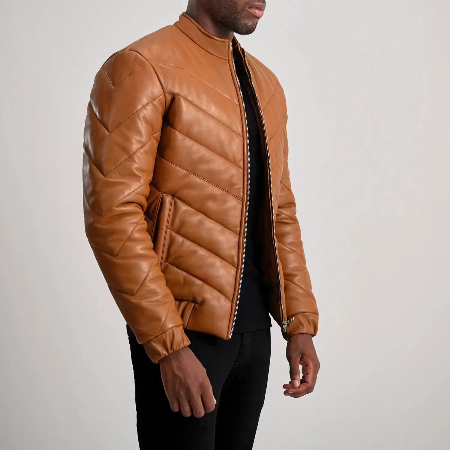 Travis Tan Leather Puffer Jacket