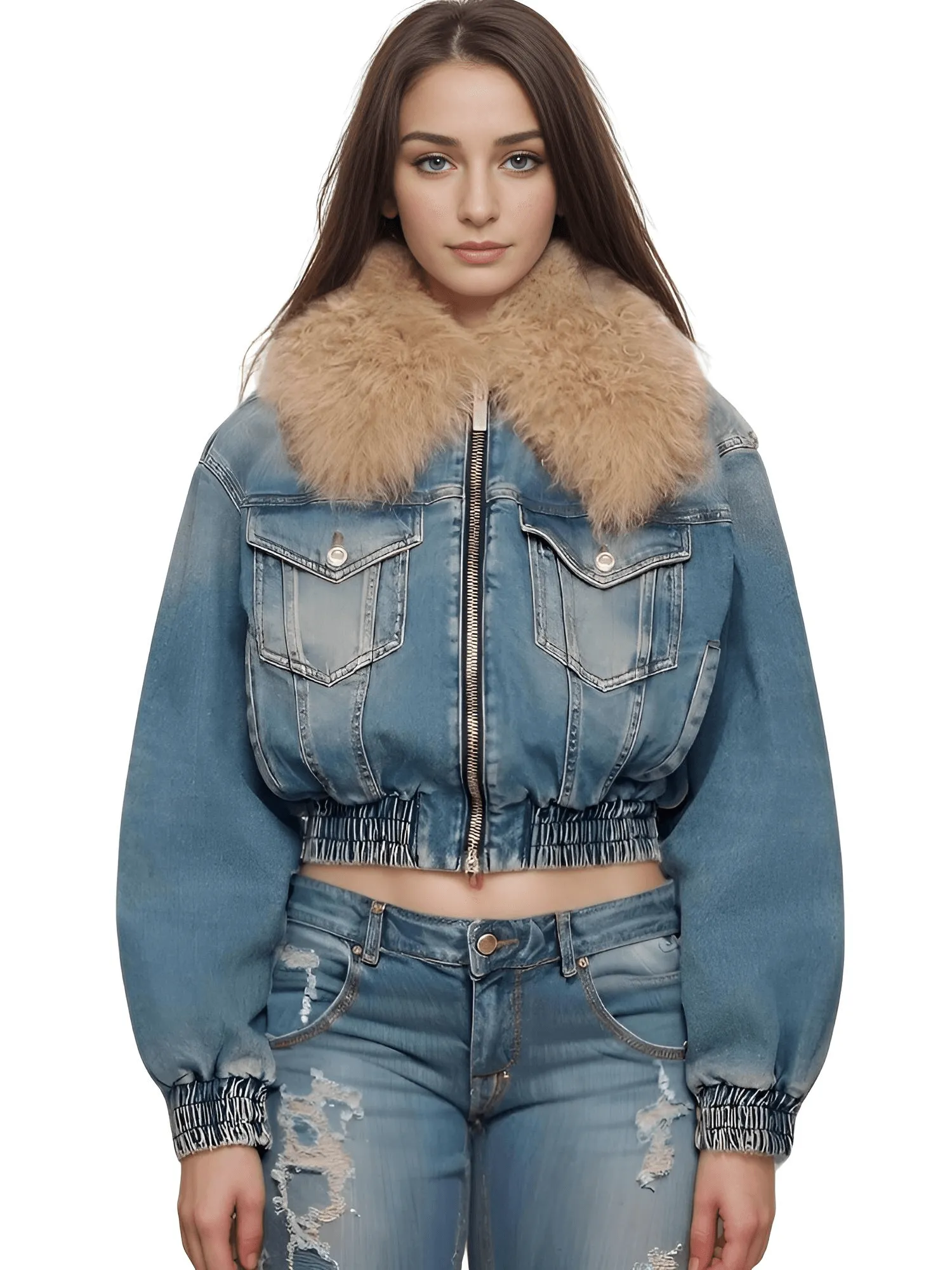 Trendy Fashion Women's Fur Collar Denim Jacket Double Zipper High Waist Long Sleeve Thick Warm Short Coat Winter