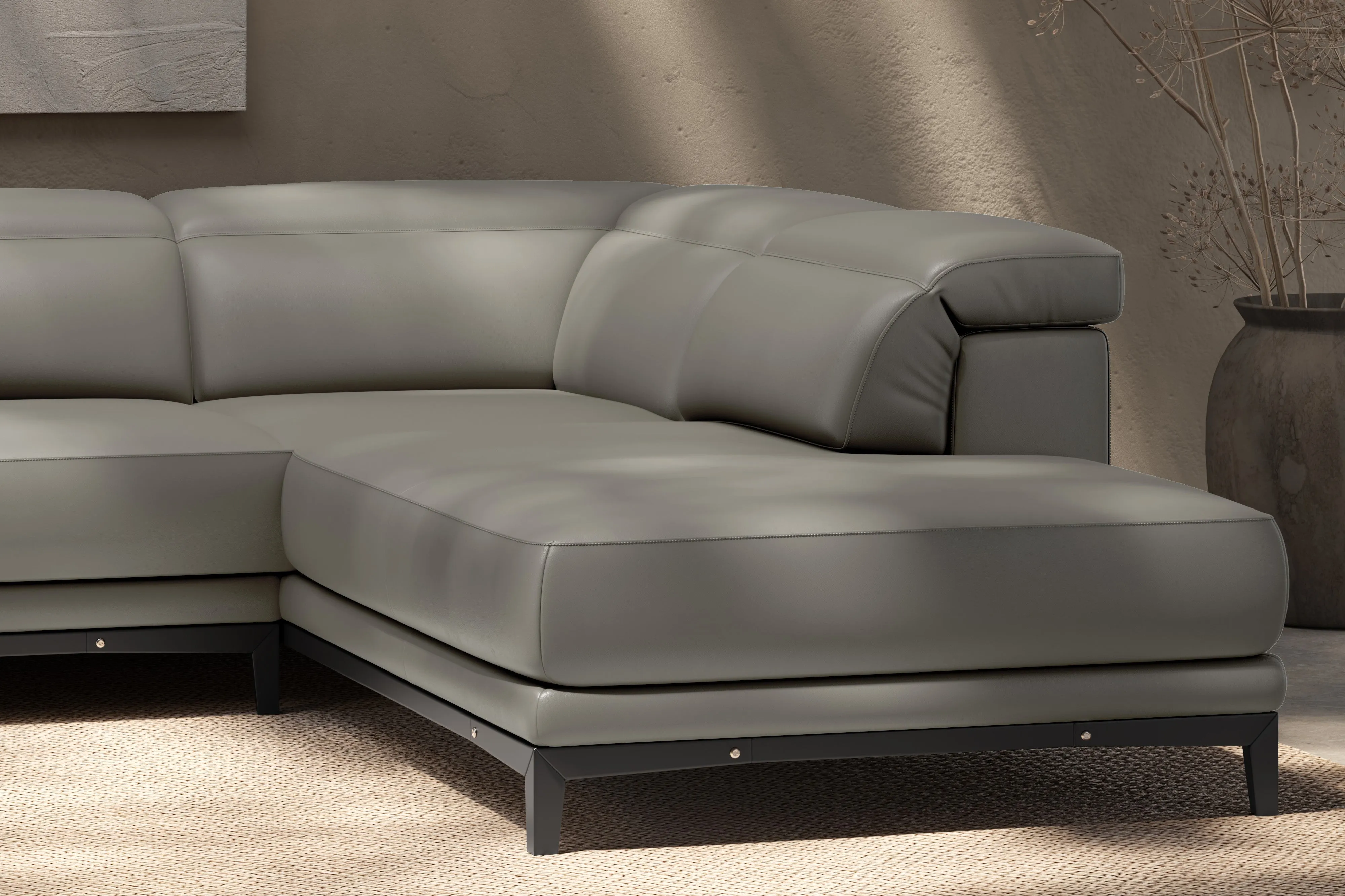 Valencia Valletta Top Grain Leather L-Shape with Right Chaise Sofa, Grey