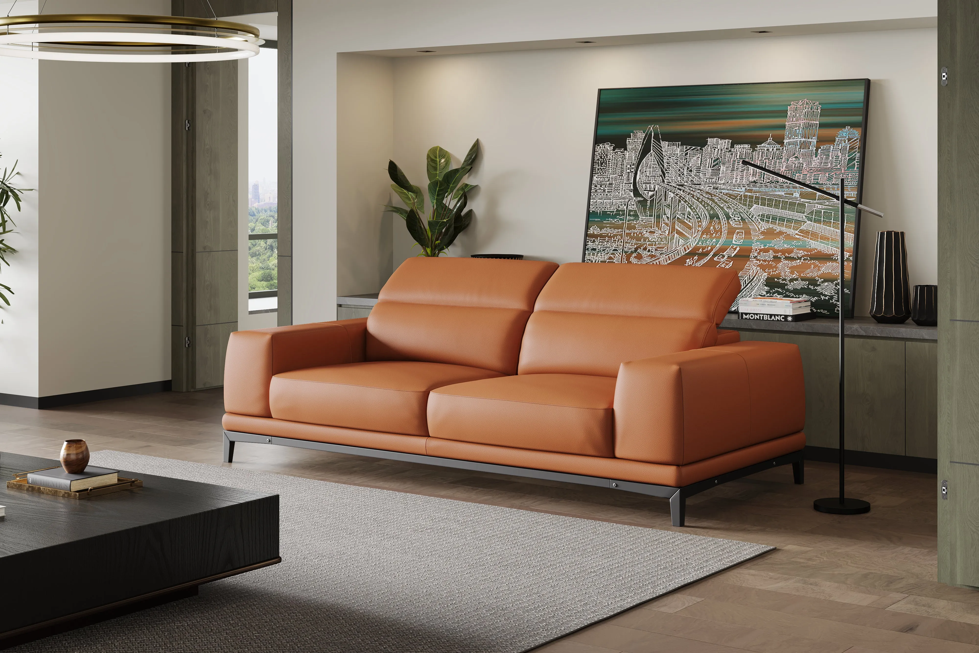 Valencia Valletta Top Grain Leather Wide Seats Sofa, Cognac