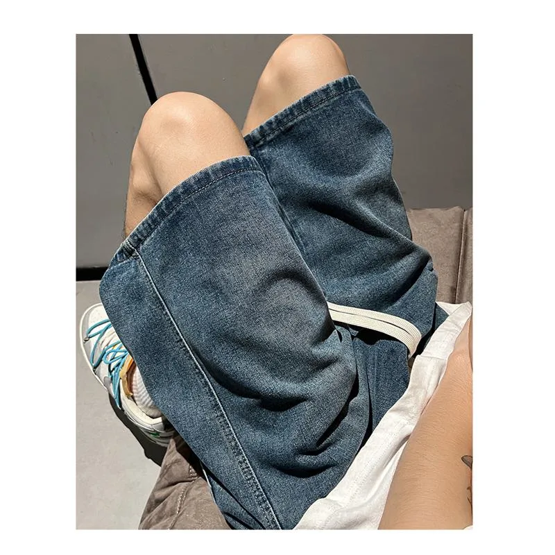 Versatile Elastic Waist Drawstring Waist Loose Fit Washed Trendy Denim Shorts