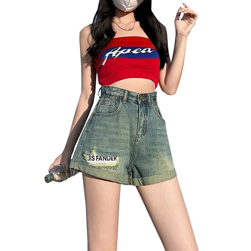 Versatile Rolled Edge Slimming High-Waisted Elastic Waist Denim Shorts