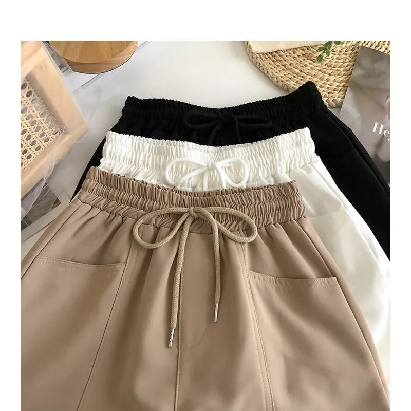 Versatile Twill Tie-Up Wide-Leg Pocket High-Waisted Shorts