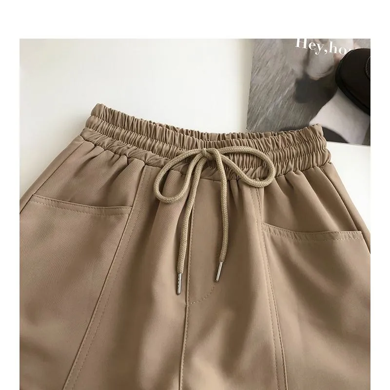 Versatile Twill Tie-Up Wide-Leg Pocket High-Waisted Shorts