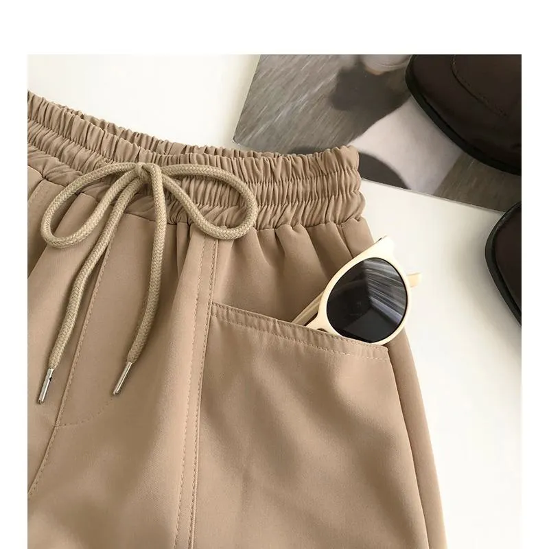 Versatile Twill Tie-Up Wide-Leg Pocket High-Waisted Shorts