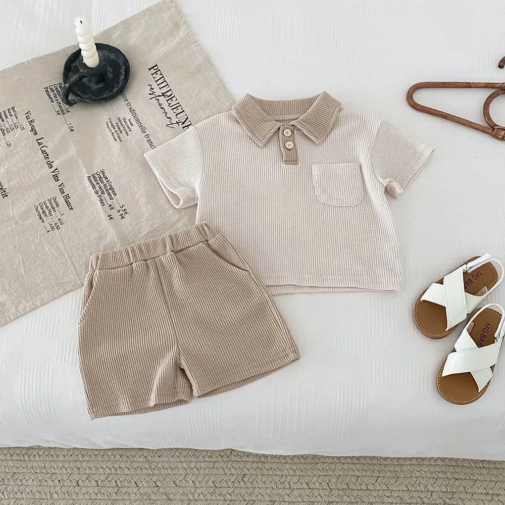 Waffle Polo Shirt & Shorts Two Piece Set