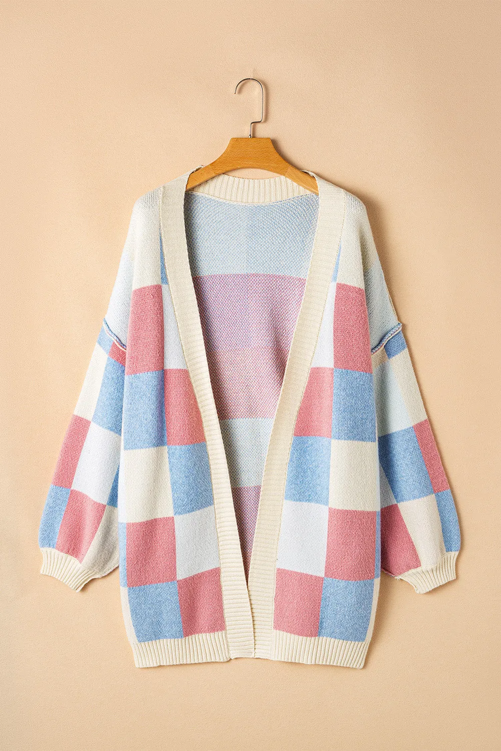 Women Checkered Drop Shoulder Exposed Seam Open Front Cardigan