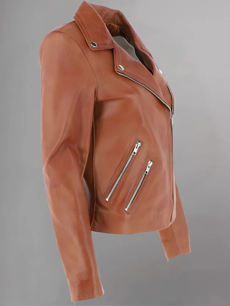 Women's Casual Stylish Biker Light Brown Leather Jacket