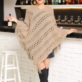 Womens Knit Poncho with Fringe