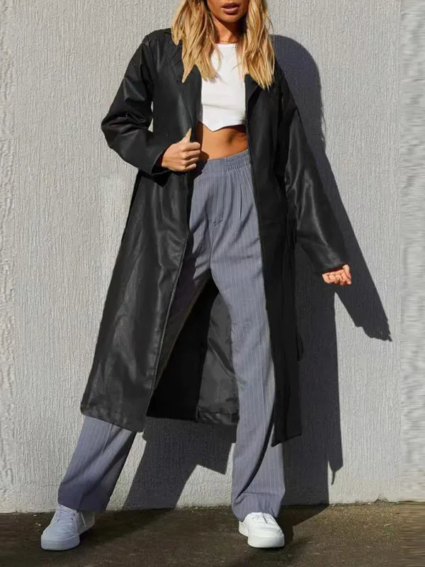 Women's Long Length PU Leather Coat