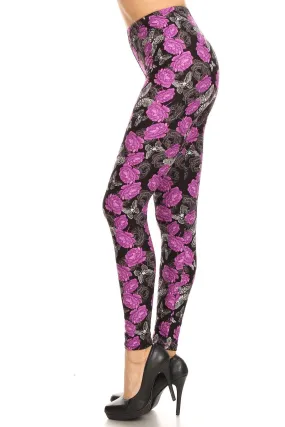 Women's Plus Purple Rose Butterfly Pattern Printed Leggings