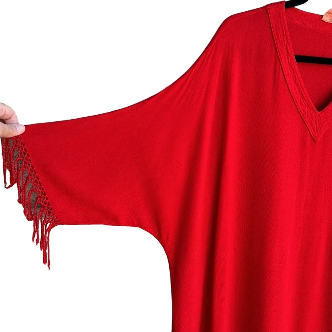 Women's Red Boho Flowy Prairie Batwing Sleeve V Neck Fringed Poncho Shawl - OS