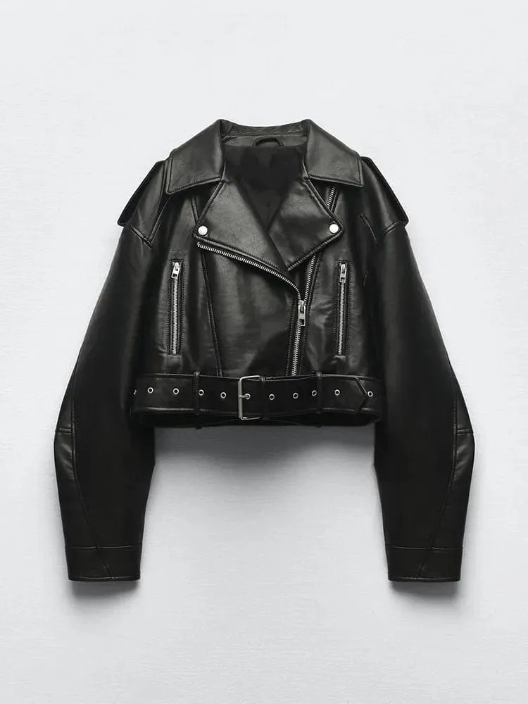 Women's Vintage Leather Short Jacket with Zipper and Belt Streetwear Biker Coat